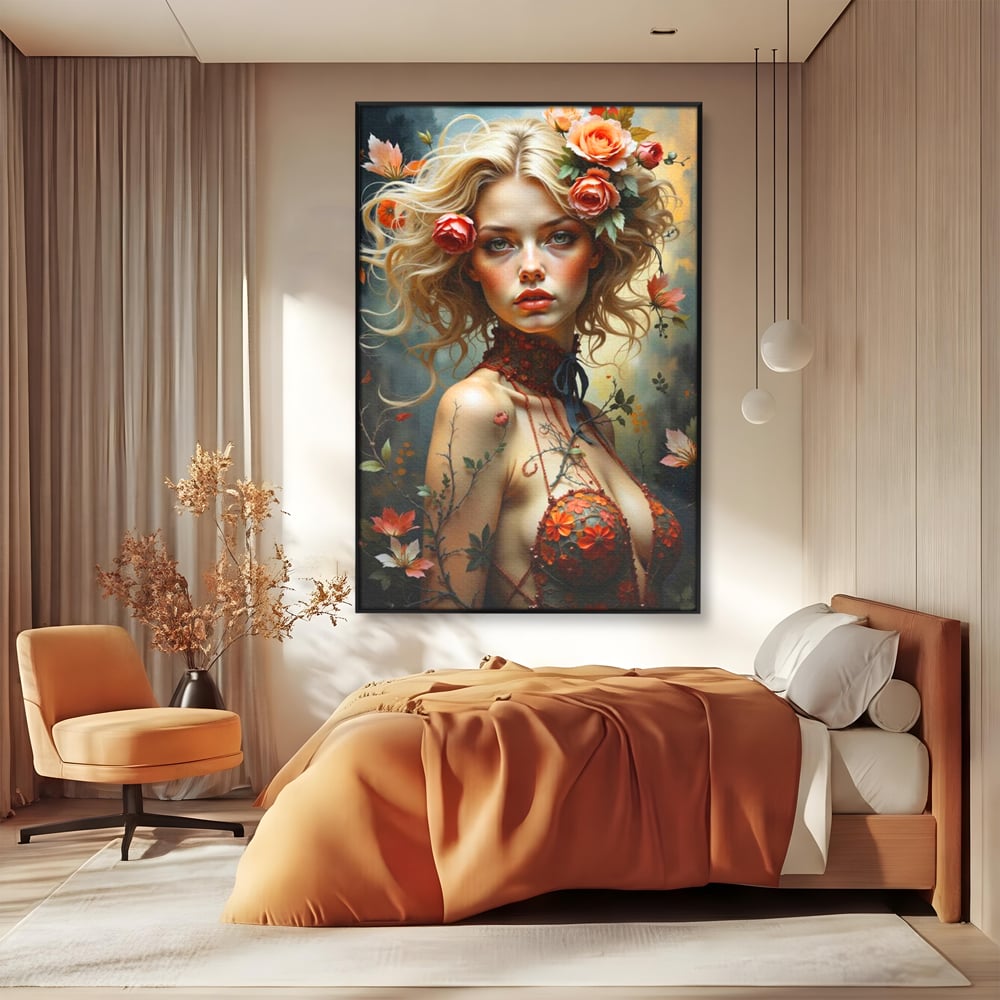 Tablou canvas cu tablou canvas cu portret de femeie blonda si flori, in rama de aluminiu negru, pe perete intr-un dormitor